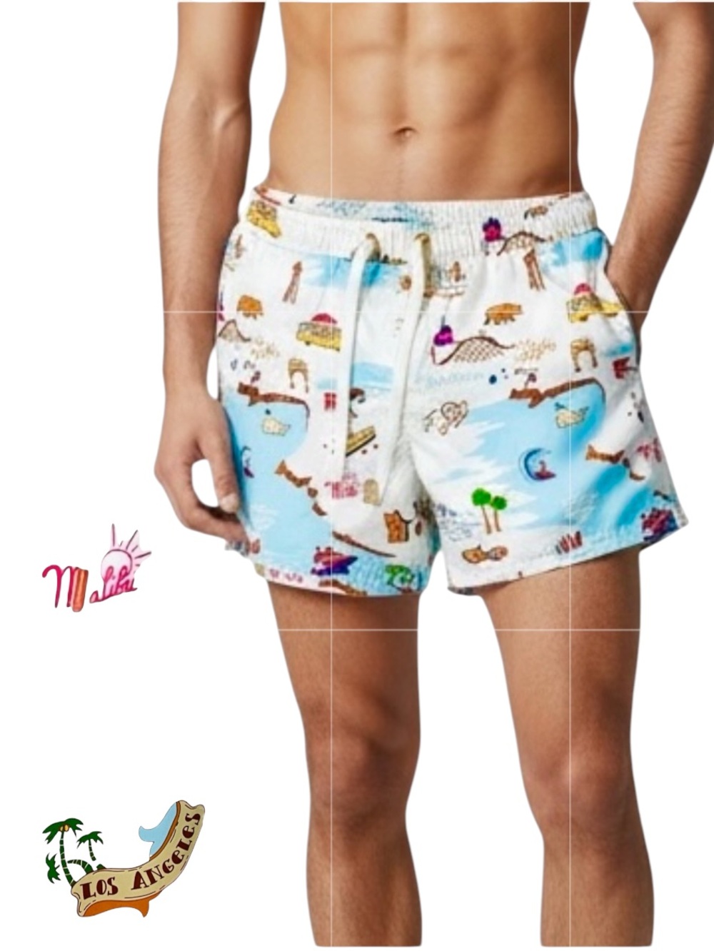 Malibu Swim Trunks California Los Angeles Beach Theme Drawstring Sz L
